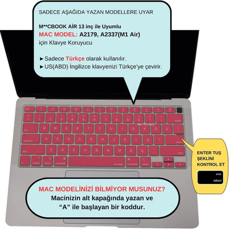 Türkçe Q Klavye Koruyucu MacBook Air 13 A2179 A2337 M1 Uyumlu | US ANSI Düz Enter | Ultra İnce Silikon Keyboard Cover Pembe