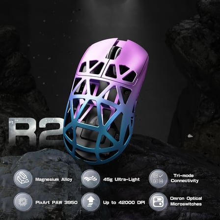 R2 Magnezyum Alaşımlı Kablosuz Gaming Mouse – 48g Ultra Hafif, PixArt PAW3950 Sensör, 42000 DPI, BT/2.4G/Kablolu Üçlü Mod, 8K Tepki Hızı, Windows/Xbox/PS/Mac Uyumlu – TW Purple