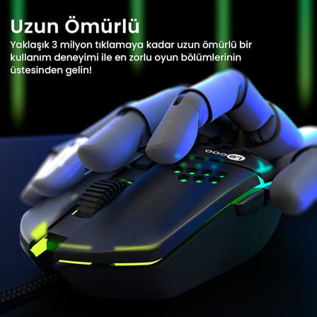 MS105 Kablolu 3200DPI 6 Tuşlu RGB LED Aydınlatmalı 103gr Ağırlık Optik Sensör Oyuncu Mouse Siyah