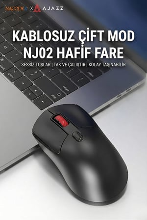 Kablosuz Mouse 2.4G + Bluetooth Çift Modlu Sessiz Tıklama 1600 DPI Ayarlı Hafif Ergonomik Tasarım 4 Tuşlu USB Alıcılı Tak Çalıştır Bilgisayar Mouse | AJAZZ NJ02