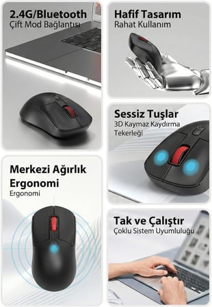 Kablosuz Mouse 2.4G + Bluetooth Çift Modlu Sessiz Tıklama 1600 DPI Ayarlı Hafif Ergonomik Tasarım 4 Tuşlu USB Alıcılı Tak Çalıştır Bilgisayar Mouse | AJAZZ NJ02