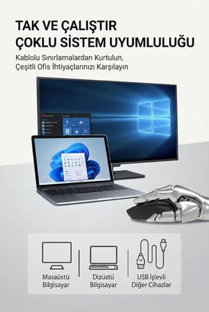Kablosuz Mouse 2.4G + Bluetooth Çift Modlu Sessiz Tıklama 1600 DPI Ayarlı Hafif Ergonomik Tasarım 4 Tuşlu USB Alıcılı Tak Çalıştır Bilgisayar Mouse | AJAZZ NJ02
