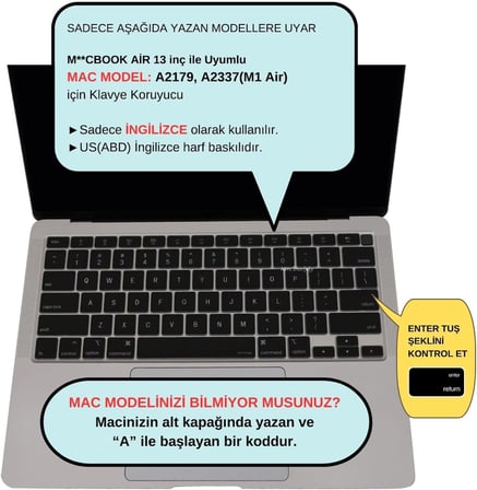 US İngilizce Klavye Koruyucu MacBook Air 13 A2179 A2337 M1 Uyumlu | US ANSI Amerikan Düz Enter | Silikon Keyboard Cover Siyah