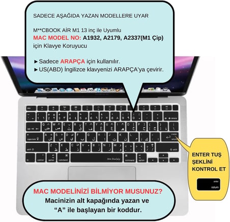 Arapça Baskılı Klavye Koruyucu MacBook Air A1932 A2179 A2337 M1 Uyumlu | US Amerikan Düz Enter | İnce Silikon Keyboard Cover Siyah Siyah