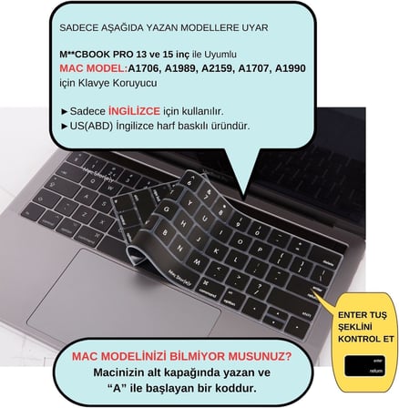 US İngilizce Klavye Koruyucu MacBook Pro 13 15 Touch Bar Uyumlu A1706 A1989 A2159 A1707 A1990 | Amerikan Düz Enter ANSI | Silikon Keyboard Cover Siyah