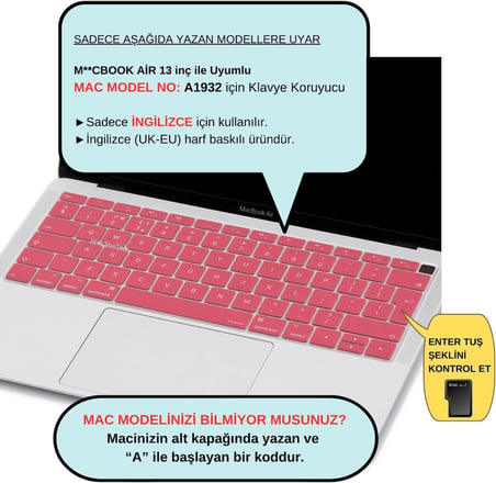 MacBook Air Klavye Koruyucu UK ISO Avrupa İngilizce Uyumlu A1932 A2179 A2337 M1 | Ters L Enter Silikon İnce Keyboard Cover Pembe