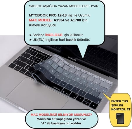 İngilizce Klavye Koruyucu MacBook A1534 A1708 Uyumlu UK Avrupa Ters L Enter Silikon Klavye Koruyucu English Keyboard Cover Siyah Gri