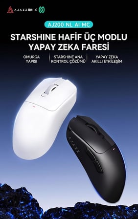 AJAZZ Kablosuz Oyuncu Mouse 2.4GHz Bluetooth Kablolu 3 Modlu Bağlantı AI Sesli Asistan NearLink 500mAh 61g Hafif 400-3200 DPI Type-C | (AJ200 NL AI MC - Beyaz)