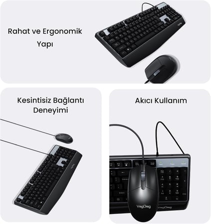 MK500A Ergonomik Kablolu Türkçe Q Klavye Mouse Seti Siyah