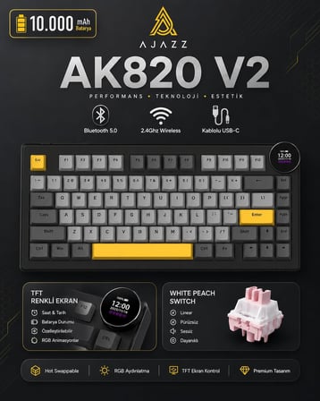Ajazz AK820 V2 White Peach Switch Kablosuz Manyetik Oyuncu Klavyesi 8K Hz 0.01mm RT 0.125ms Gecikme TFT Ekran 10000mAh RGB Bluetooth 5.0 2.4GHz USB-C (AK820 V2 - Black Gray Yellow)