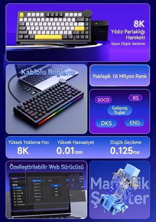 Ajazz AK820 V2 White Peach Switch Kablosuz Manyetik Oyuncu Klavyesi 8K Hz 0.01mm RT 0.125ms Gecikme TFT Ekran 10000mAh RGB Bluetooth 5.0 2.4GHz USB-C (AK820 V2 - Black Gray Yellow)