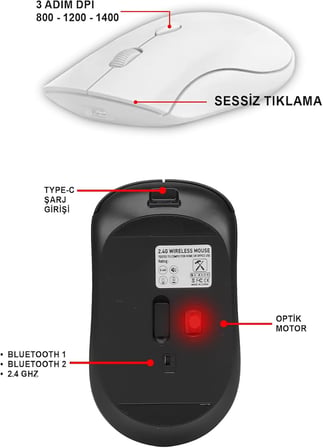 İnce Tasarım Şarj Edilebilir Kablosuz ve Çift Modlu Bluetooth Sessiz Mouse 800 1200 1400 DPI MT8124 Beyaz ile uyumlu