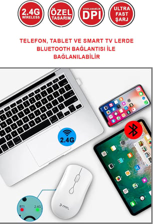 İnce Tasarım Şarj Edilebilir Kablosuz ve Çift Modlu Bluetooth Sessiz Mouse 800 1200 1400 DPI MT8124 Beyaz ile uyumlu