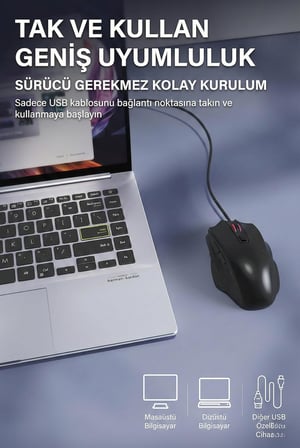 Kablolu Gaming Mouse 3600 DPI 4 Kademe Ayarlanabilir DPI, 6 Tuşlu Ergonomik Tasarım, Düşük Gecikme, USB Tak Çalıştır, Anti-Parazit Ofis ve Oyun İçin Hassas Optik Mouse | AJAZZ NJ05