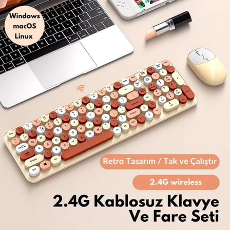 105 Retro Tuşlu 2.4Gh Kablosuz Bluetooth Klavye Mouse Seti Retro Kablosuz Klavye Mouse Set Siyah