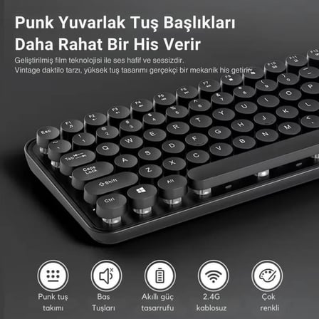 105 Retro Tuşlu 2.4Gh Kablosuz Bluetooth Klavye Mouse Seti Retro Kablosuz Klavye Mouse Set Siyah