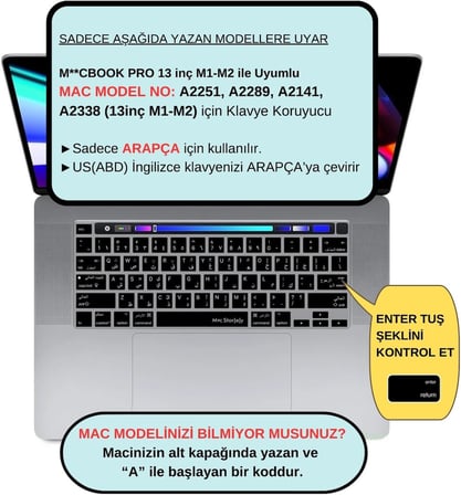 MacBook Klavye Koruyucu Arapça A2338 M1 M2 13 inç A2251 A2289 A2141 16 inç US ANSI Düz Enter Silikon Keyboard Cover Touch Bar Siyah