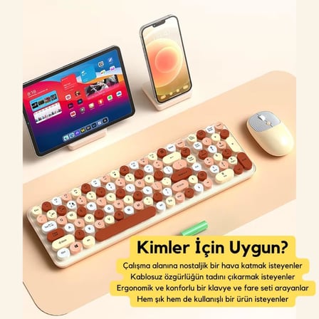 105 Retro Tuşlu 2.4Gh Kablosuz Bluetooth Klavye Mouse Seti Retro Kablosuz Klavye Mouse Set Siyah