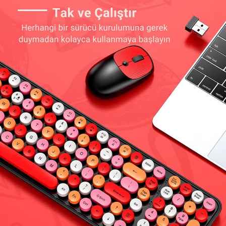 105 Retro Tuşlu 2.4Gh Kablosuz Bluetooth Klavye Mouse Seti Retro Kablosuz Klavye Mouse Set Siyah