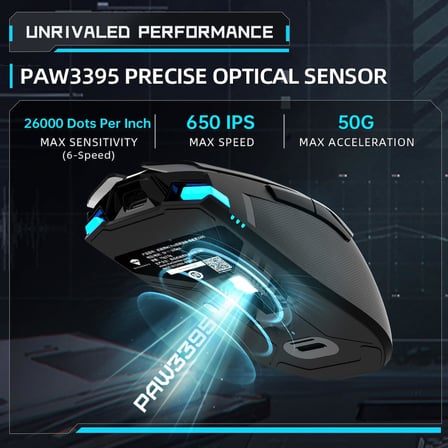 Şarj Edilebilir Kablosuz Oyun Faresi, 26.000 DPI, PAW3395 Sensör, Ultra Hafif, 6 Programlanabilir Düğme, RGB Aydınlatma, Uzun Pil Ömrü, PC/Mac için Kablosuz Oyun Faresi