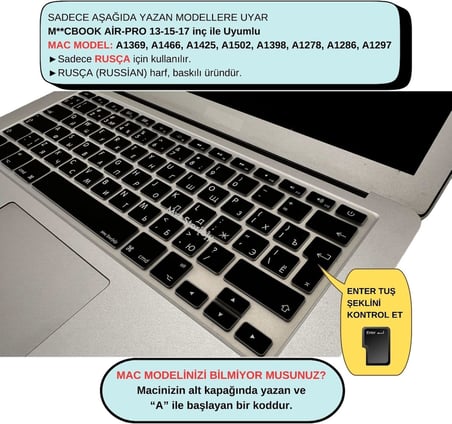 Rusça Klavye Koruyucu Silikon Apple MacBook Air 13 & Pro 13/15 ile Uyumlu | UK ISO Ters L Enter | A1278 A1502 A1425 A1369 A1466 A1286 A1398 Siyah