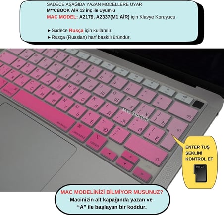 Rusça Klavye Koruyucu MacBook Air 13 A1932 A2179 A2337 M1 Uyumlu | UK ISO Ters L Enter | Rusça Baskılı Silikon Keyboard Cover Pembe
