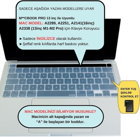 MacBook Klavye Koruyucu İngilizce A2338 M1 M2 13 inç A2251 A2289 A2141 16 inç UK ISO Ters L Enter Silikon Keyboard Cover Touch Bar Şeffaf