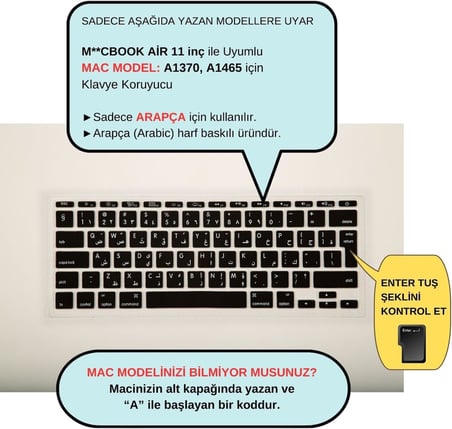 MacBook Air 11 inç Arapça Klavye Koruyucu A1370 A1465 Uyumlu UK ISO Ters L Enter Silikon Keyboard Cover Siyah