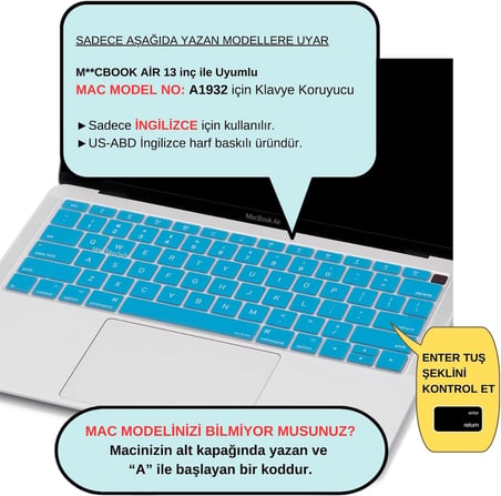 Silikon Klavye Koruyucu MacBook Air 13 Retina Uyumlu A1932 A2179 A2337 M1 | US Amerikan Enter ANSI | İngilizce Keyboard Cover Açık Mavi