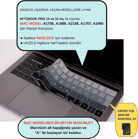 UK İngilizce Klavye Koruyucu MacBook Pro 13 15 Touch Bar Uyumlu A1706 A1989 A2159 A1707 A1990 | UK ISO Ters L Enter | Avrupa İngilizce Baskılı Silikon Keyboard Cover Silikon Siyah Gri