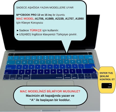 Türkçe Q Keyboard Cover MacBook Pro Touch Bar 13 inç 15 inç Uyumlu A1706 A1989 A2159 A1707 A1990 | US ANSI Amerikan Düz Enter Silikon Klavye Koruyucu Lacivert Mavi