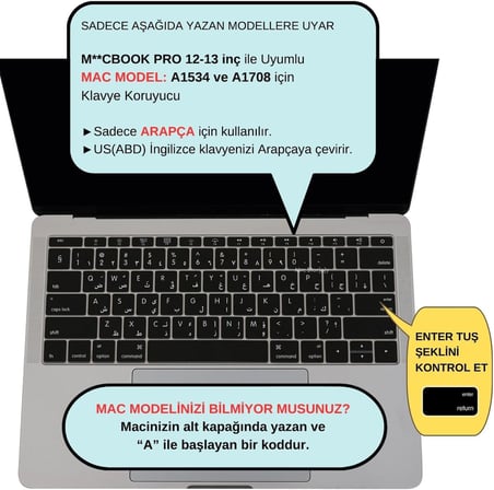 MacBook Arapça Klavye Koruyucu A1534 A1708 Uyumlu Silikon Klavye Koruyucu Arapça Baskılı US Amerikan Enter Siyah