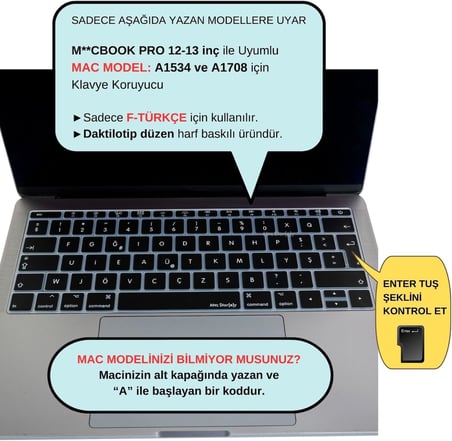 MacBook Klavye Koruyucu A1534 A1708 Uyumlu Türkçe F Baskılı Silikon Klavye Koruyucu UK Enter Siyah
