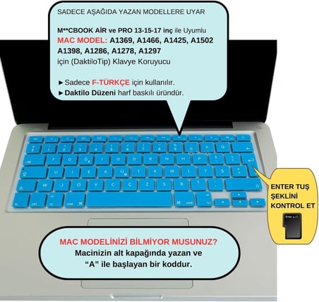 Türkçe F Klavye Koruyucu Silikon Apple MacBook Air 13 & Pro 13/15 ile Uyumlu | TR F Dizayn | A1278 A1502 A1425 A1369 A1466 A1286 A1398 Açık Mavi