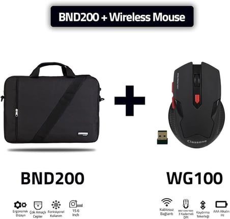 Classone BND200-WG100 MOUSE, 15,6 inch Eko Serisi Omuz Çantası ve Oyuncu Gaming Mouse - Siyah