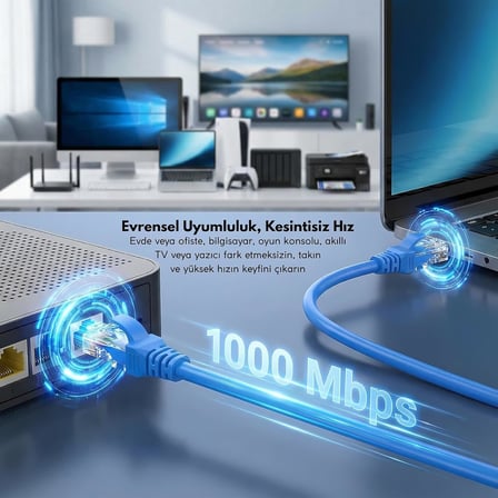 Cat6 Ethernet Kablosu (20 METRE) - 1000 Mbps’e Kadar Veri aktarımı - Fabrikasyon RJ45 Konnektörlü - Mavi