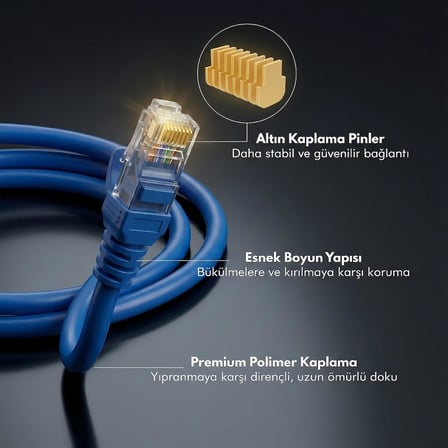Cat6 Ethernet Kablosu (20 METRE) - 1000 Mbps’e Kadar Veri aktarımı - Fabrikasyon RJ45 Konnektörlü - Mavi