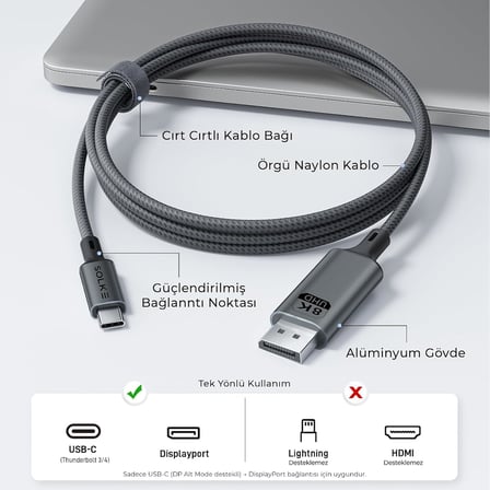 USB-C to DisplayPort 1.4 Kablo 2 Metre 8K 60Hz 4K 144Hz 2K 240Hz Type-C to DP Monitör Kablosu Thunderbolt 5/4/3 Uyumlu
