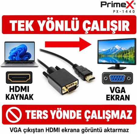 PrimeX PX-1440 1.8 Metre HDMI to VGA Görüntü Kablosu, HDMI Çıkıştan VGA Monitör Projeksiyona Dönüştürücü, PC Laptop PS5 Xbox Uyumlu, Full HD, Tek Yönlü