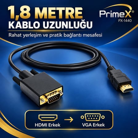 PrimeX PX-1440 1.8 Metre HDMI to VGA Görüntü Kablosu, HDMI Çıkıştan VGA Monitör Projeksiyona Dönüştürücü, PC Laptop PS5 Xbox Uyumlu, Full HD, Tek Yönlü