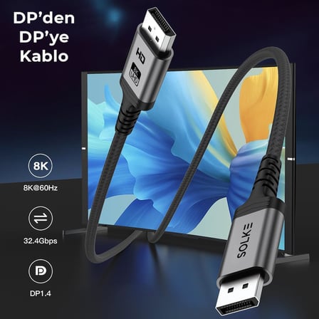 8K DisplayPort 1.4 Kablo 2M – 8K 60Hz 4K 144Hz 2K 240Hz 32.4Gbps G-Sync FreeSync Uyumlu Oyuncu Monitör Kablosu, Örgülü Alüminyum