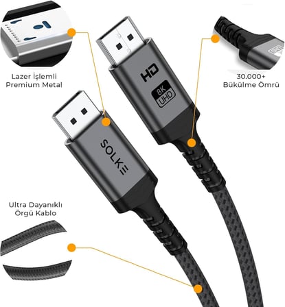 8K DisplayPort 1.4 Kablo 2M – 8K 60Hz 4K 144Hz 2K 240Hz 32.4Gbps G-Sync FreeSync Uyumlu Oyuncu Monitör Kablosu, Örgülü Alüminyum