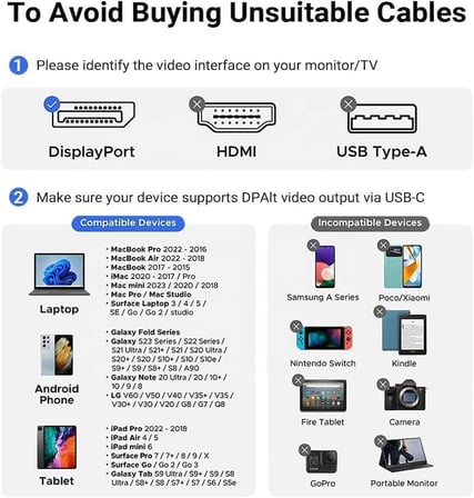 Type-C to DP Kablo, 8K 60Hz 200cm Yüksek Hızlı, Tip C to Displayport Kablo 2 Metre Uzunluğu USB C Displayport 200cm ZR858