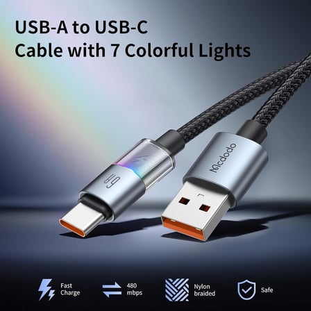 CA-8180 Usb Typec 6A 7 Renkli LED Işıklı Şarj Data Kablosu