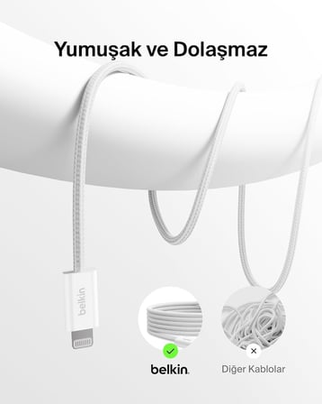 2'li Örgülü USB-C - Lightning Kablo, 1,5 m, Yumuşak, Esnek ve Hızlı Şarj Kablosu, iPhone 14 ve Önceki Modeller, 9. Nesil iPad ve AirPods ile Uyumlu, Beyaz