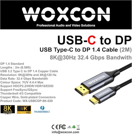 USB-C to Display Port Cable, DP1.4, USB 3.2 Standart, 8K 30Hz, 4K 120Hz Desteği, Thunderbolt 4, Thunderbolt 3, 2 Metre, En Yeni Model