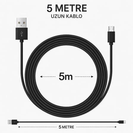 USB to Micro USB Şarj Kablosu 5 Metre Uzun Kablo Hızlı Şarj Destekli Charging Kablo High Speed Charging Enerji Tasarruflu Uzun Mesafe Kullanım İçin USB Input Uyumlu | ZR940