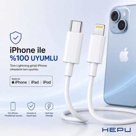 HP-NYK001 Nova Series Type-C to Lightning 27W Hızlı Şarj ve Veri Transfer Kablosu (1 Metre) – iPhone Uyumlu Aşırı Akım Korumalı Beyaz