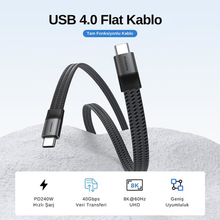 USB 4.0 40GBPS Flat USB C Veri Kablosu, 240W USB C Şarj Kablosu, 8K@60hz 4K@240Hz 2K@360Hz Thunderbolt 4 Görüntü Kablosu, MacBook, Monitör, Docking İstasyonu, iPhone ile Uyumlu - 1.2 Metre