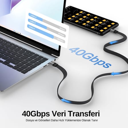 USB 4.0 40GBPS Flat USB C Veri Kablosu, 240W USB C Şarj Kablosu, 8K@60hz 4K@240Hz 2K@360Hz Thunderbolt 4 Görüntü Kablosu, MacBook, Monitör, Docking İstasyonu, iPhone ile Uyumlu - 1.2 Metre